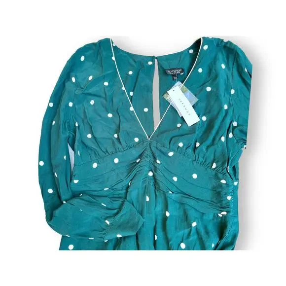 TopShop Polka Dot Rusched Mini Dress | Sz 10, Green & White | NWT $75 - Picture 6 of 12